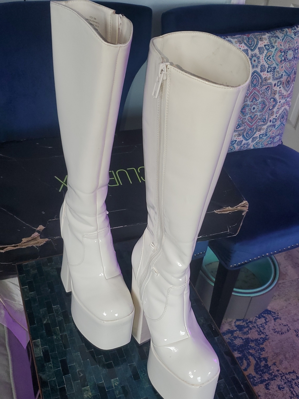 CLUB EXX BOOTS Patent White Over-the-Knee Platform Boots with Block Heel - Picture 5 of 8